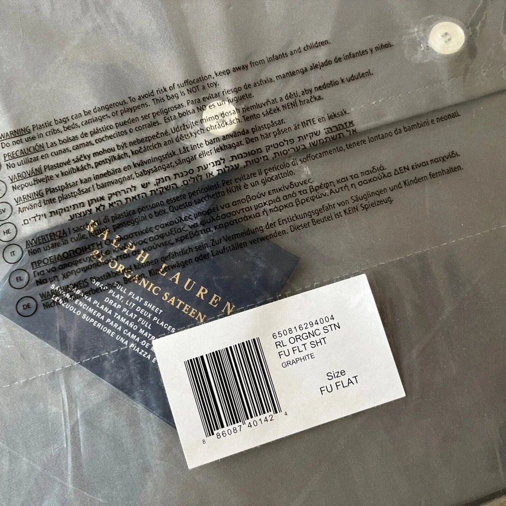 Ralph Lauren Home Organic Cotton Sateen Sheeting Flat Sheet‎ Graphited Grey FULL